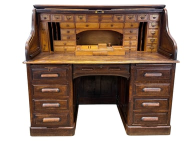 19th C. Oak Maple & Co. Roll Top Desk w/ Oak Desk Organizer