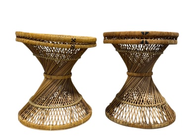 Pair of 1970s Wicker Rattan Side Tables