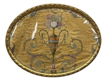 Antique Oval Silk Painting in Gold Gilt Frame