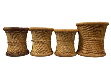 4 1970s Spiral Cane & Woven Stools