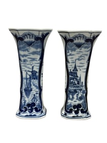 Pair of Blue & White Porcelain Dutch Delft Vases