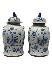 Pair of 19th C. Chinese Blue & White Covered Ginger Jars
