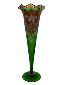 1920s Moser Gilded Gold & Emerald Art Deco Trumpet Vase