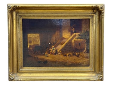 19th C. Oil on Board "Interior Scene" Painting After Philippe Grondard
