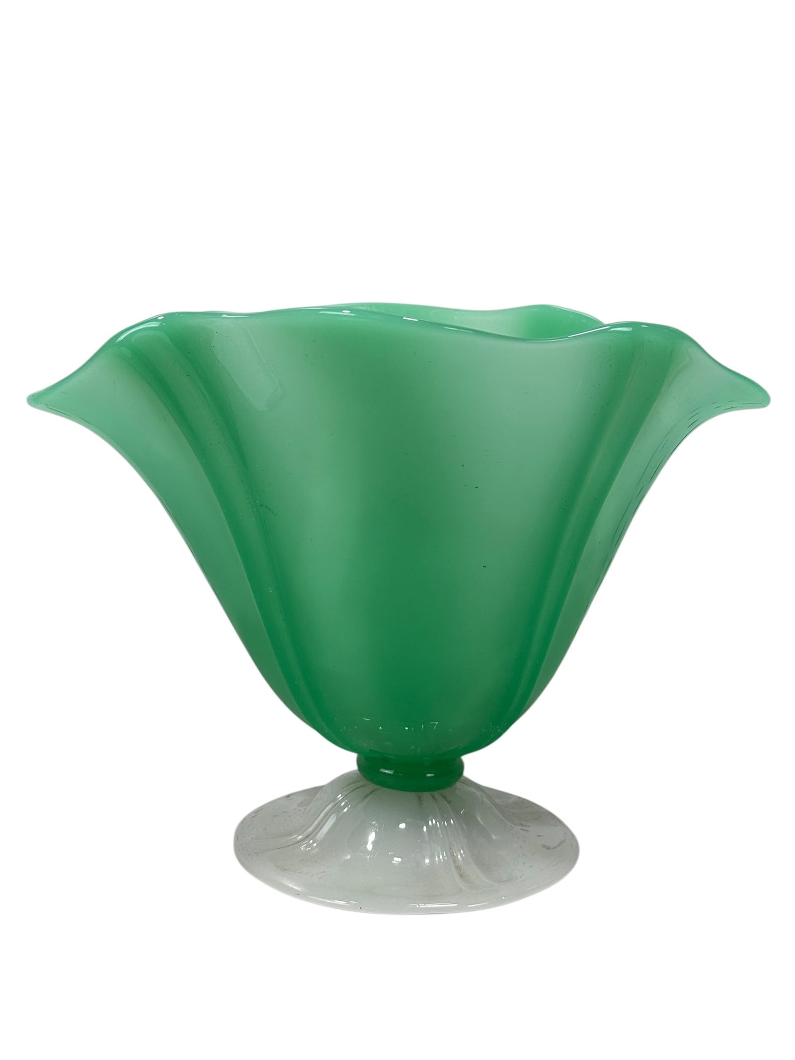 Ca. 1925 Steuben Uranium Helmet Blown Glass Vase: Ca. 1925 Steuben Uranium Helmet Blown Glass Vase. Measures 6.5" H x 8.5" W x 5.75" D.
