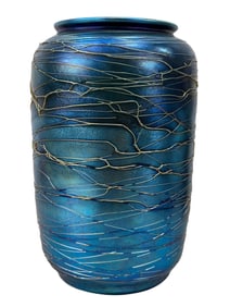 Large Blue Iridescent "Durand" Threaded Art Glass Vase
