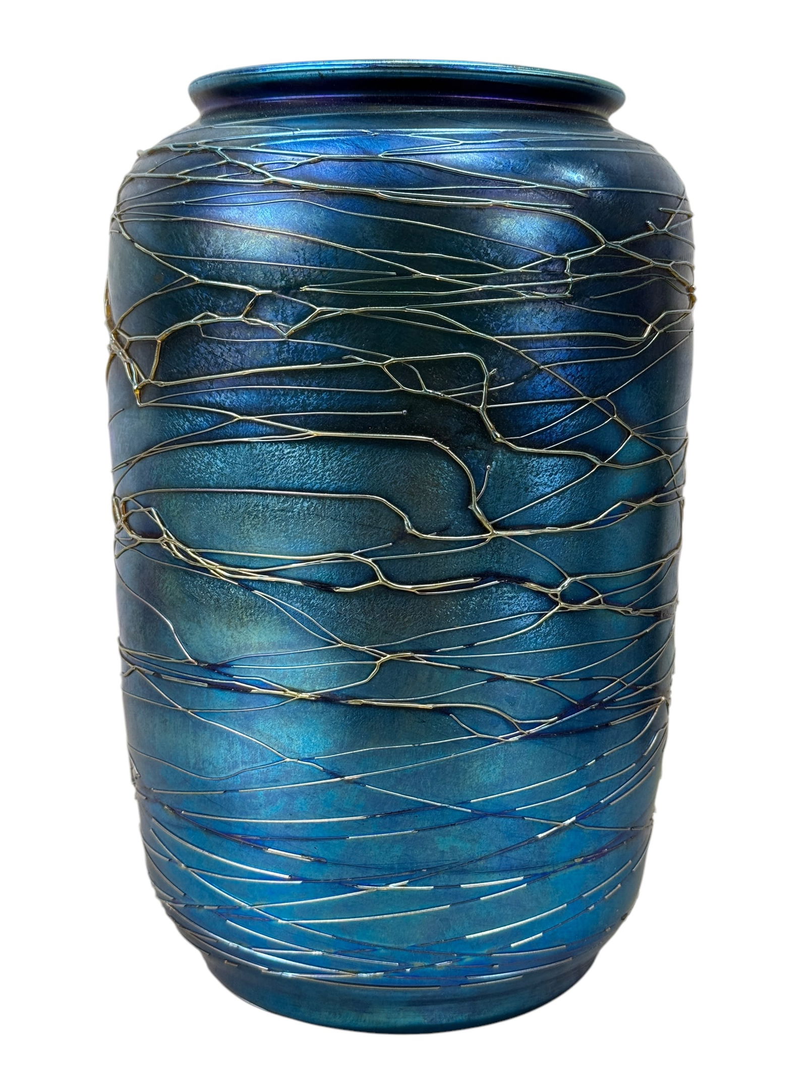Large Blue Iridescent "Durand" Threaded Art Glass Vase (1 of 5)