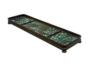 Tiffany Studios Pine Needle Bronze & Slag Glass Pen Tray