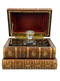 1950s French Leather Book Tantalus Decanter Set