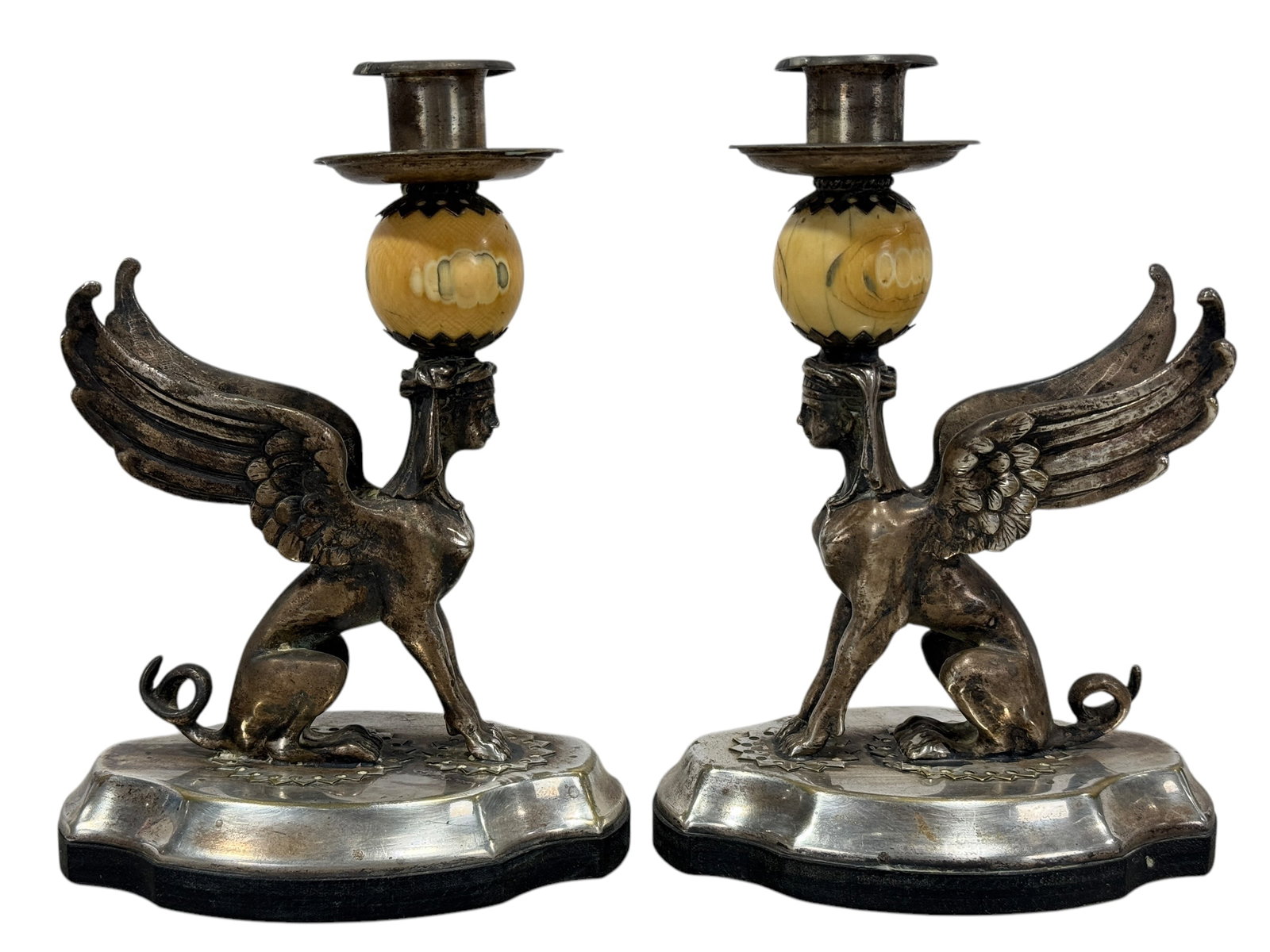 Pair of Anthony Redmile Silver Plate & Bone Egyptian Candle Holders: Pair of Anthony Redmile Silver Plate & Bone Egyptian Candle Holders. Measures 9" H x 6.5" W x 4" D.