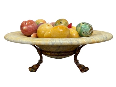 Alabaster Bowl & Fruit on Metal Footed Stand