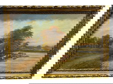 Signed 19th C. Oil on Canvas Cattle & River Scene Painting