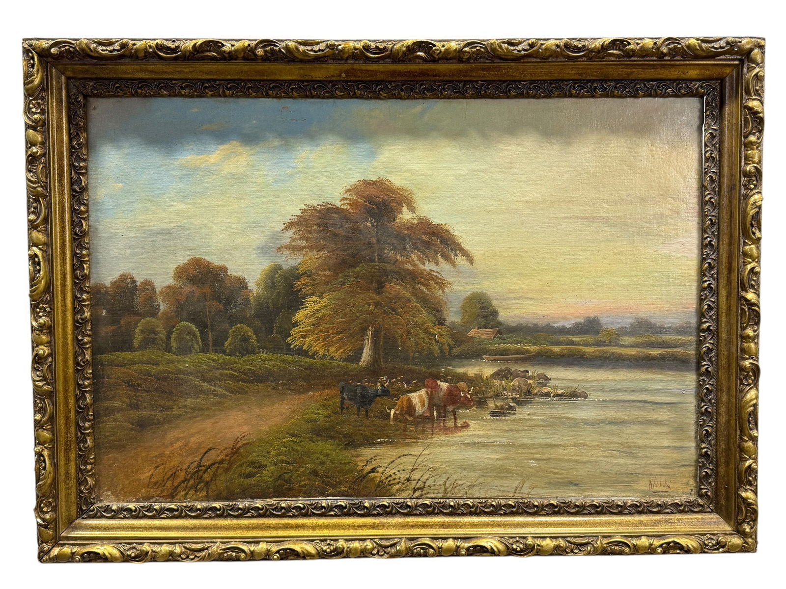 Signed 19th C. Oil on Canvas Cattle & River Scene Painting (1 of 11)