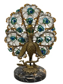Czech Art Deco Gilt Bronze & Glass Peacock Boudior Lamp