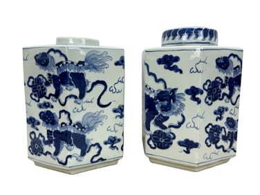 Pair of Blue & White Chinese Hexagonal Tea Caddies