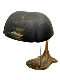 Early 20th C. RARE Reverse Painted Night Scene Pittsburgh Desk Lamp