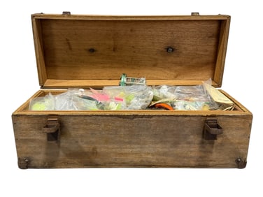 Antique Wood Tackle Box w/ Accessories