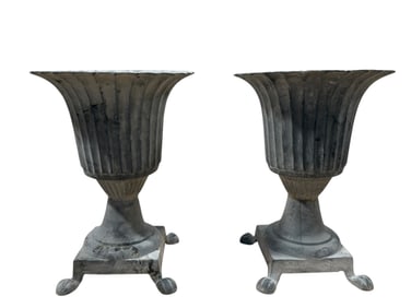 Pair of Gray Cast Iron Footed Garden Planters
