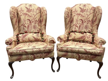 Pair of Queen Anne Style Wing Back Arm Chairs