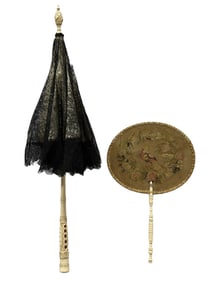Antique Parasol & Fan w/ Bone Handles