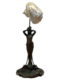 1900s Metal Art Nouveau Style Figural Iridescent Shell Lamp