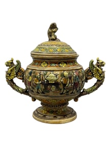 Vintage French Majolica Lidded Bowl w/ Gnomes & Gryphons