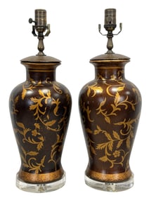 Pair of Italian Gilt Floral Pottery Table Lamps