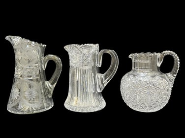 Group of 3 Cut & Pressed Crystal Glass Water Pitchers
