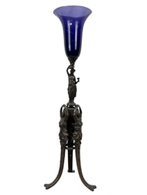 2Pc Bronze & Cobalt Blue Glass  Art Nouveau Figural Vase
