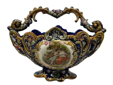 Antique English Victorian Cobalt Majolica Centerpiece Basket