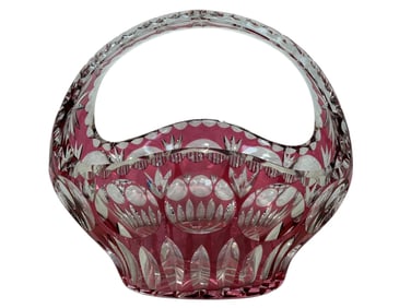 Mid Century German Cut to Clear Cranberry Glass Basket