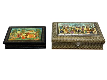Russian Lacquer Box & Persian Marquetry Trinket Box
