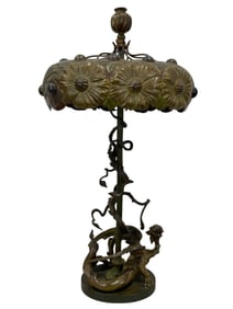 19th C. French Bronze Art Nouveau Dragon Lamp w/ Jewels