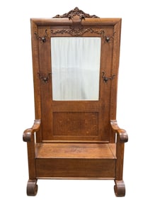 Antique Tiger Oak Hall Seat w/ Mirror