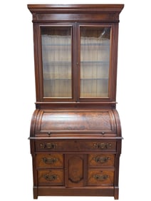 Antique Burl Walnut Eastlake Cylinder Secretary Desk