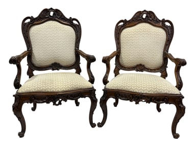 Pair of Fine 19th C. French Walnut Rococo Arm Chairs