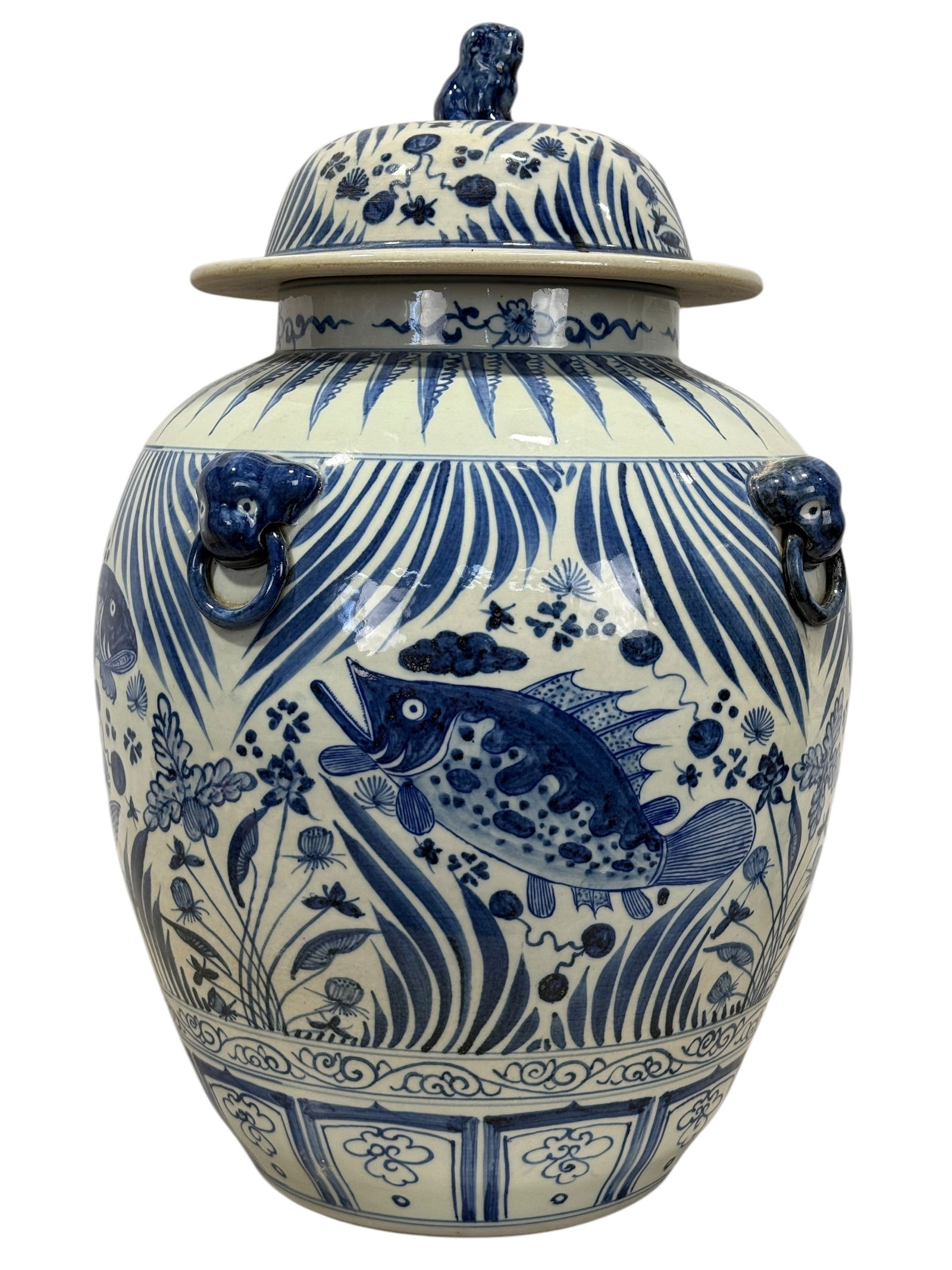 Large Blue & White Asian Porcelain Ginger Jar: Large Blue & White Asian Porcelain Ginger Jar. Measures 20" H x 13.75" Diameter.
