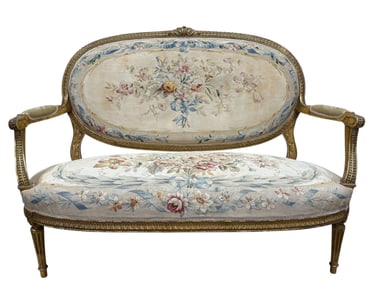Early 19th C. French Louis XVI Giltwood & Aubusson Settee