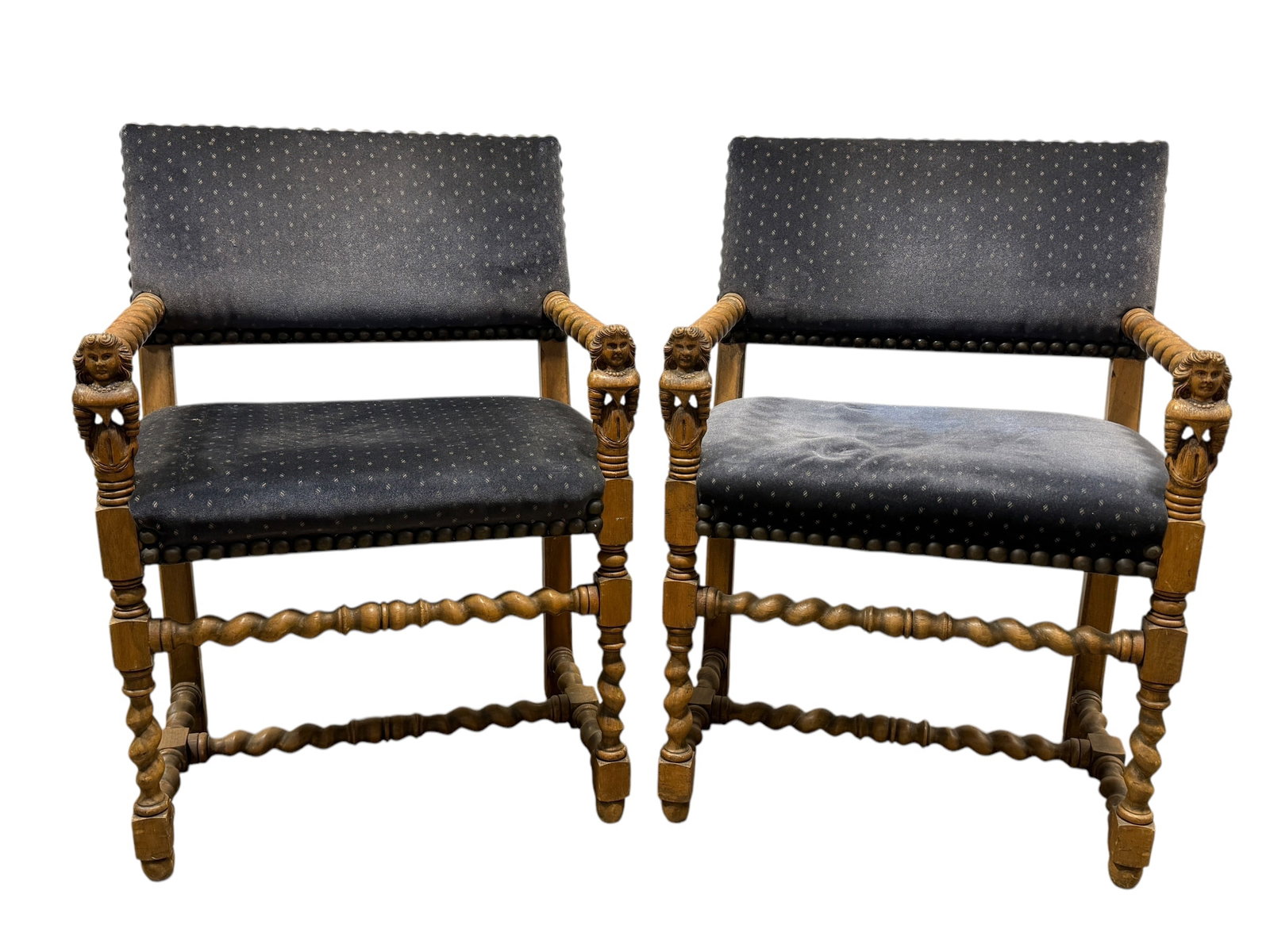 Pair of 19th C. French Louis XIII Style Renaissance Barley Twist Arm Chairs: Pair of 19th C. French Louis XIII Style Renaissance Barley Twist Arm Chairs. Sculpted busts of woman on arm rests, barley swist arms and legs. Measures 34" H x 24" W x 19.5" D. Seat height measures 20