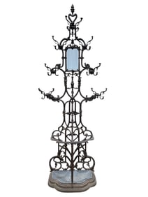 19th C. Victorian Iron Hall Tree w/ Umbrella Stand & Mirror
