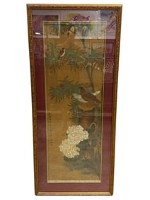 Framed East Asian Style "Birds & Flora" Scroll Painting