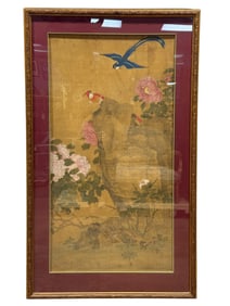 Framed East Asian Style "Birds & Flora" Scroll Painting