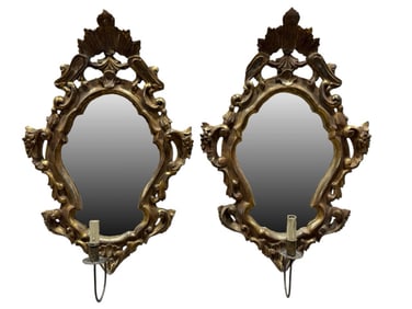 Pair of Antique Italian Gilt Wood Wall Sconces w/ Mirror Back