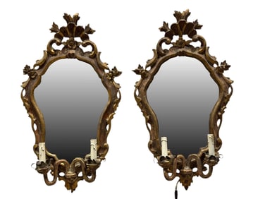 Pair of Antique Italian Gilt Wood Wall Sconces w/ Mirror Back