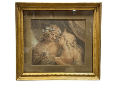18th C. Print of "2 Young Maidens" in Giltwood Frame