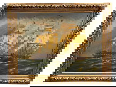 Large Signed 19th C. Oil on Canvas "American Ship" Painting