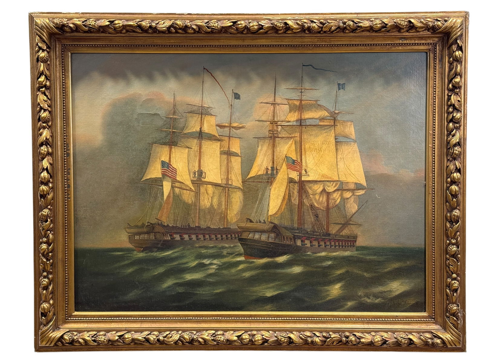 Large Signed 19th C. Oil on Canvas "American Ship" Painting (1 of 13)