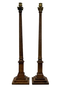Pair of Antique English Oak & Brass Column Candle Sticks