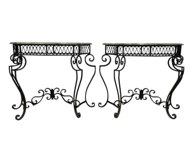 Pair of 1930s Wrought Iron & Marble Top Console Tables