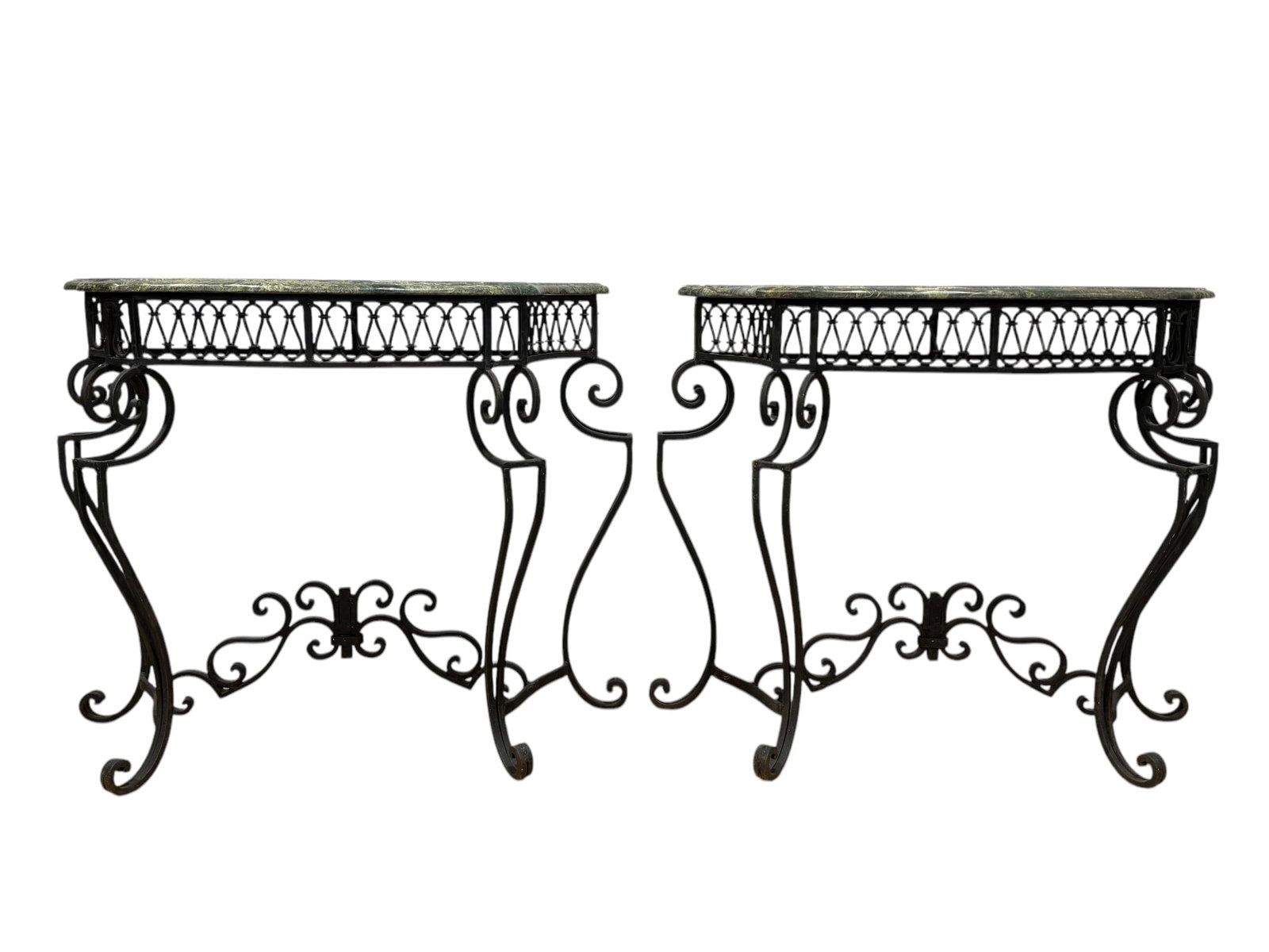 Pair of 1930s Wrought Iron & Marble Top Console Tables: Pair of 1930s Wrought Iron & Marble Top Console Tables. Measures 30.5" H x 35.25" W x 15.5" D.